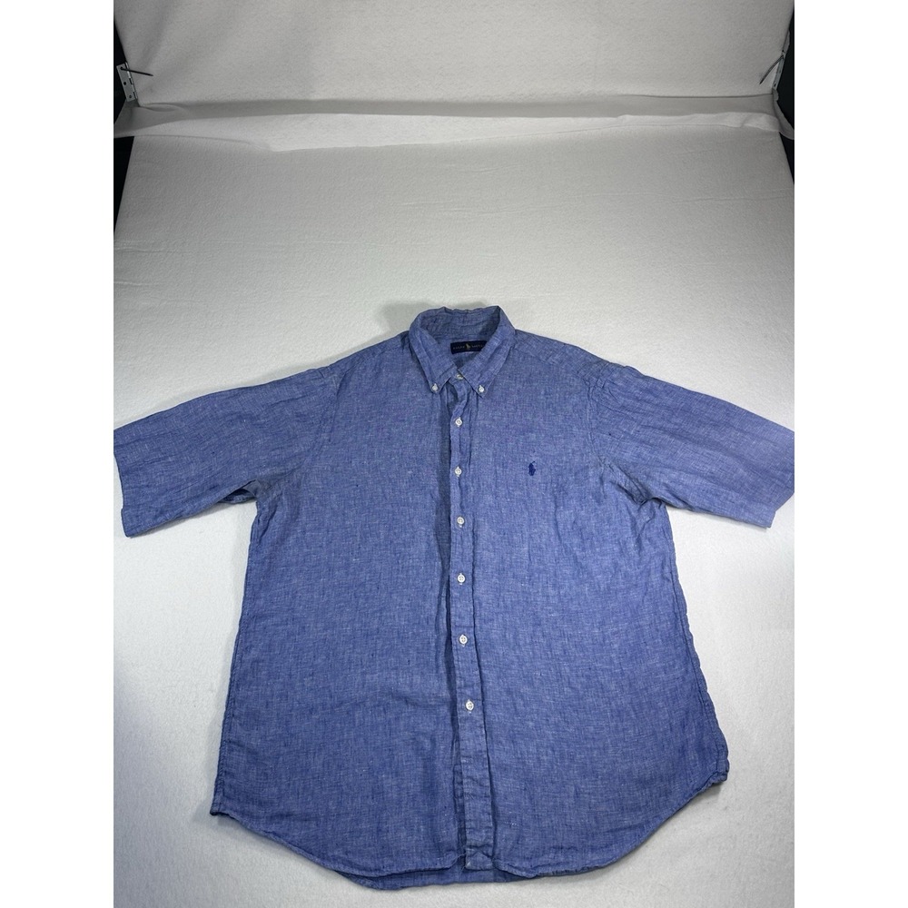 Polo Ralph Lauren Shirt Mens XL Blue 100% Linen Short Sleeve Button Down Pony